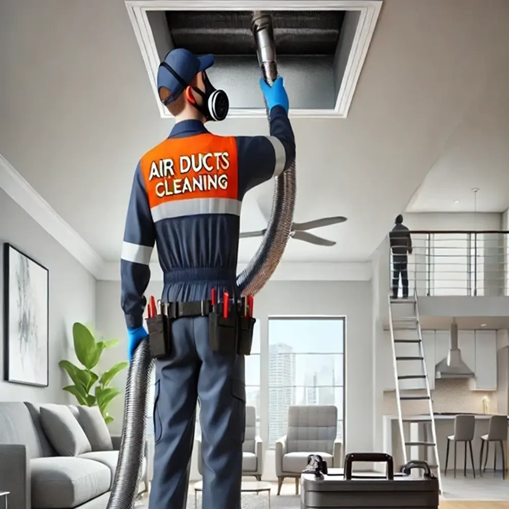 Technician in Cypress, TX, cleaning a ceiling air duct with attached equipment.