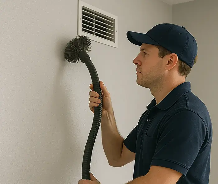  Technician cleaning commercial air ducts in a business environment.