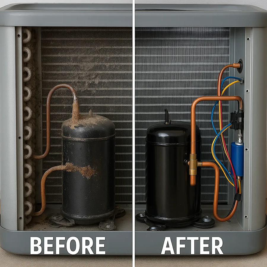 Side-by-side view of an AC unit before and after repair. The left side shows a dusty, damaged unit, while the right displays a clean, fully restored system.