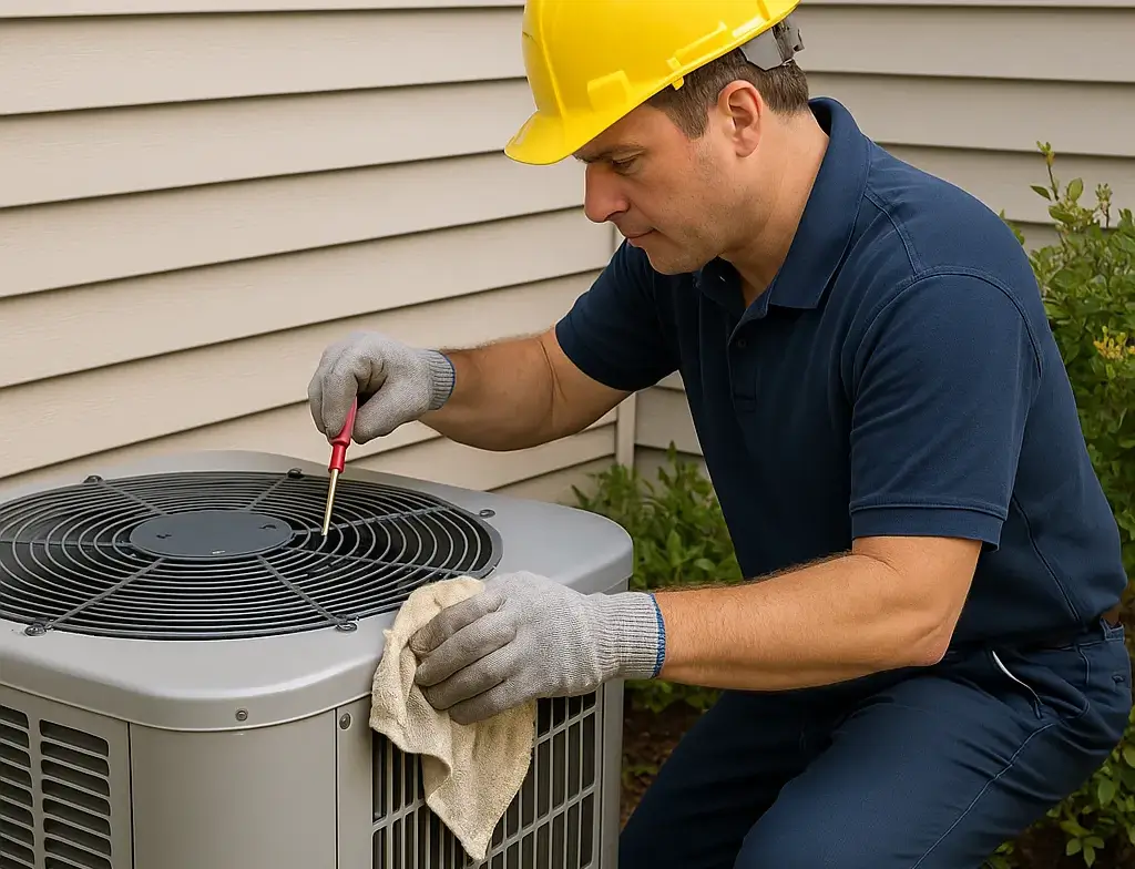  Technician cleaning commercial air ducts in a business environment.