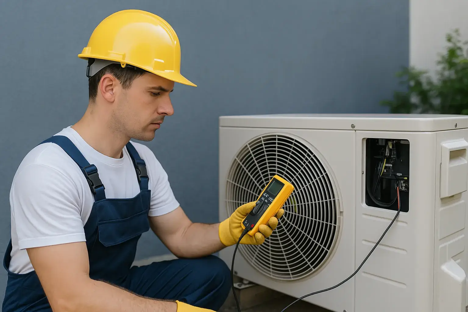 An HVAC technician wearing a yellow hard hat and blue overalls uses a multimeter to inspect an outdoor air conditioning unit.