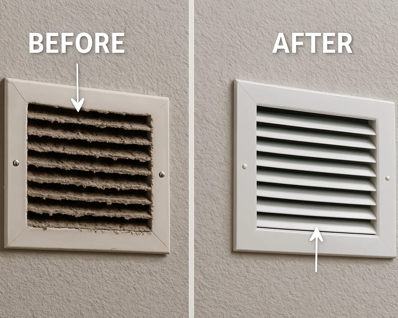 Side-by-side comparison of an air vent before and after cleaning, showing a dusty vent on the left and a clean, white vent on the right.