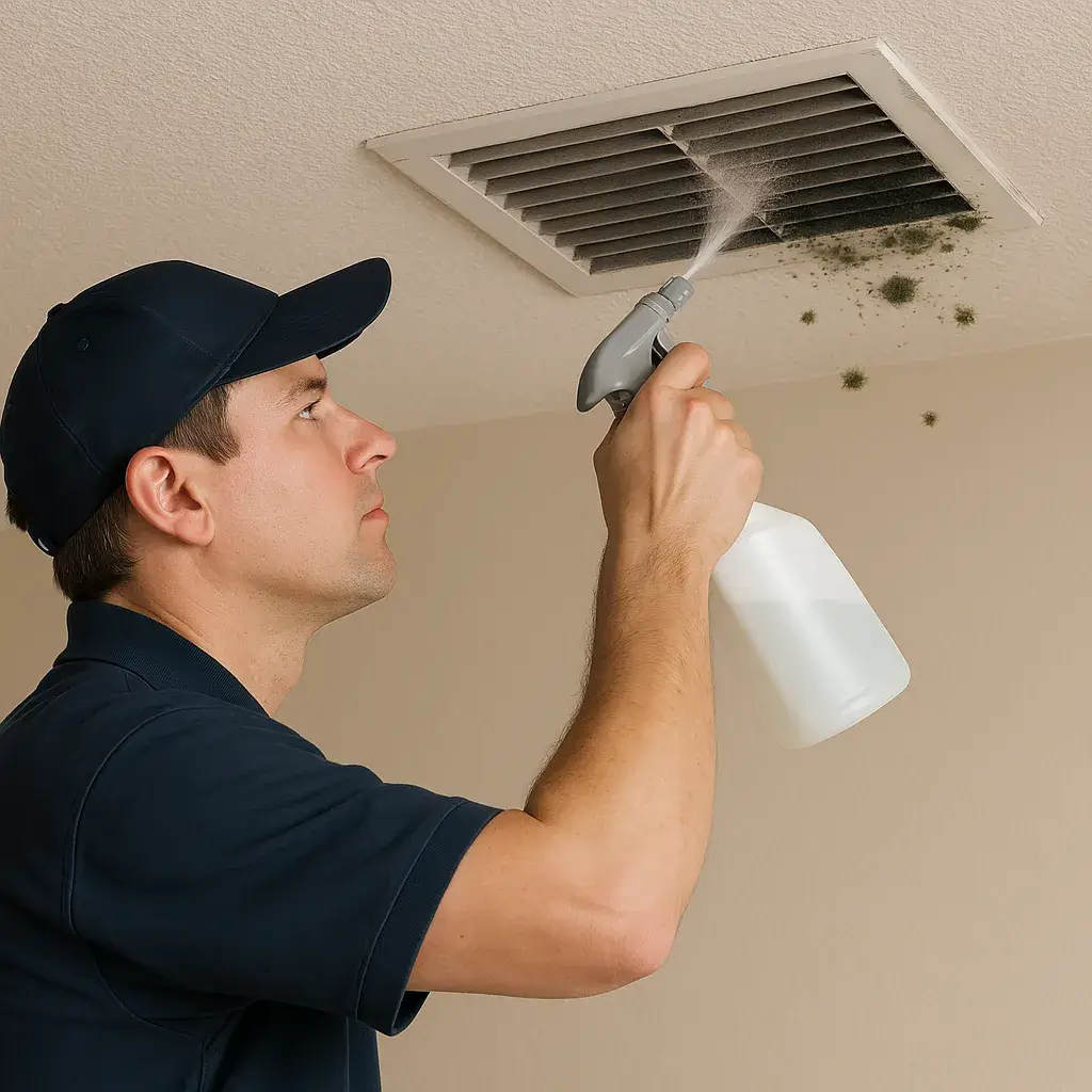  Professional mold remediation technician spraying a mold-covered ceiling air vent inside a home, improving indoor air quality