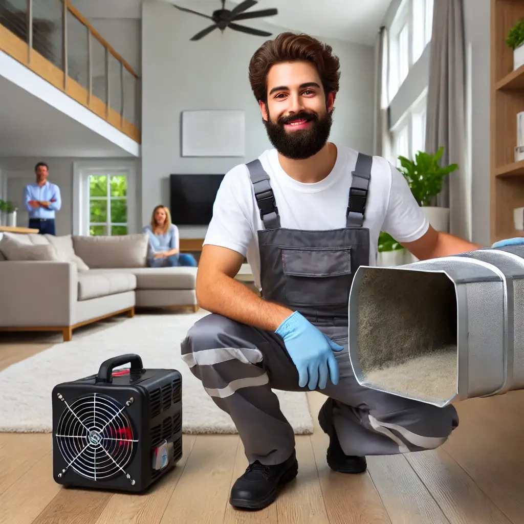 Technician cleaning air ducts in a modern home, improving air quality.