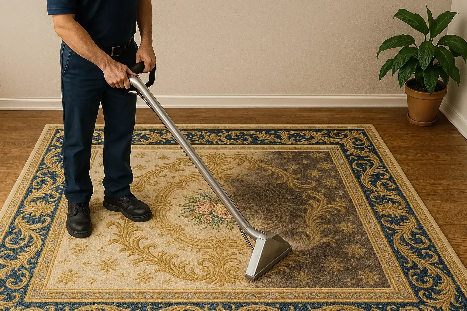 A professional rug cleaning technician using a commercial wand to deep clean a floral-patterned rug in a softly lit room with hardwood flooring.