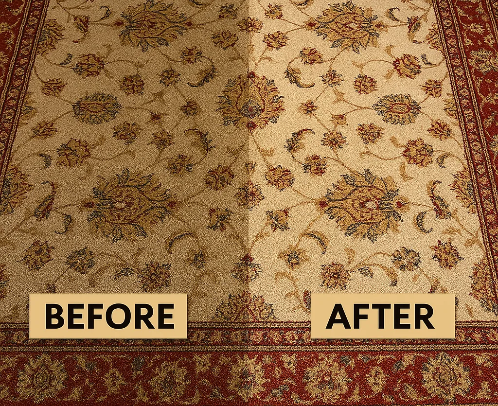 Before and after comparison of a Persian-style area rug showing restored vibrant colors and clean intricate patterns after professional cleaning