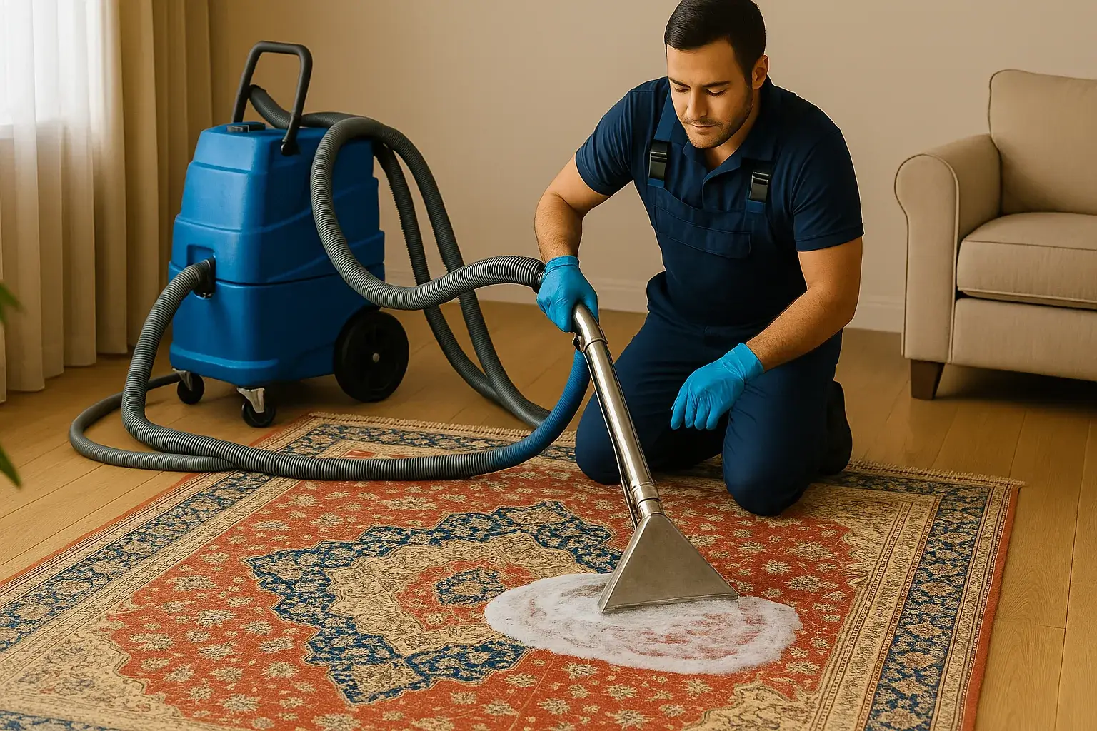 A carpet cleaning professional carefully shampooing a vibrant Oriental rug using specialized equipment, in a warmly lit room with hardwood flooring. 