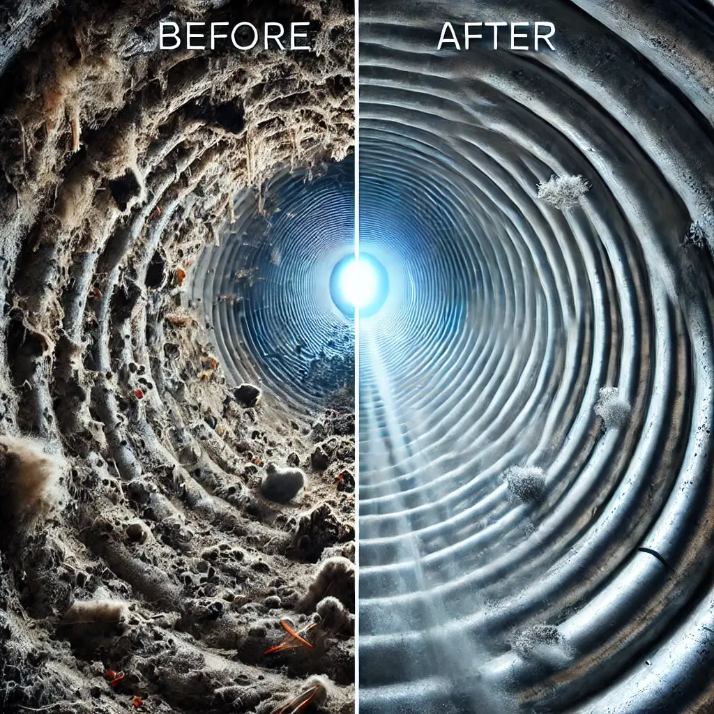 Before-and-after air duct cleaning comparison, showing a dirty duct on the left and a spotless, polished duct on the right.
