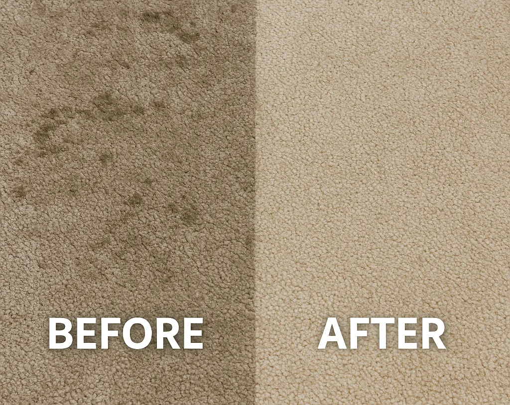 Side-by-side comparison of a dirty carpet on the left and a freshly cleaned, bright carpet on the right