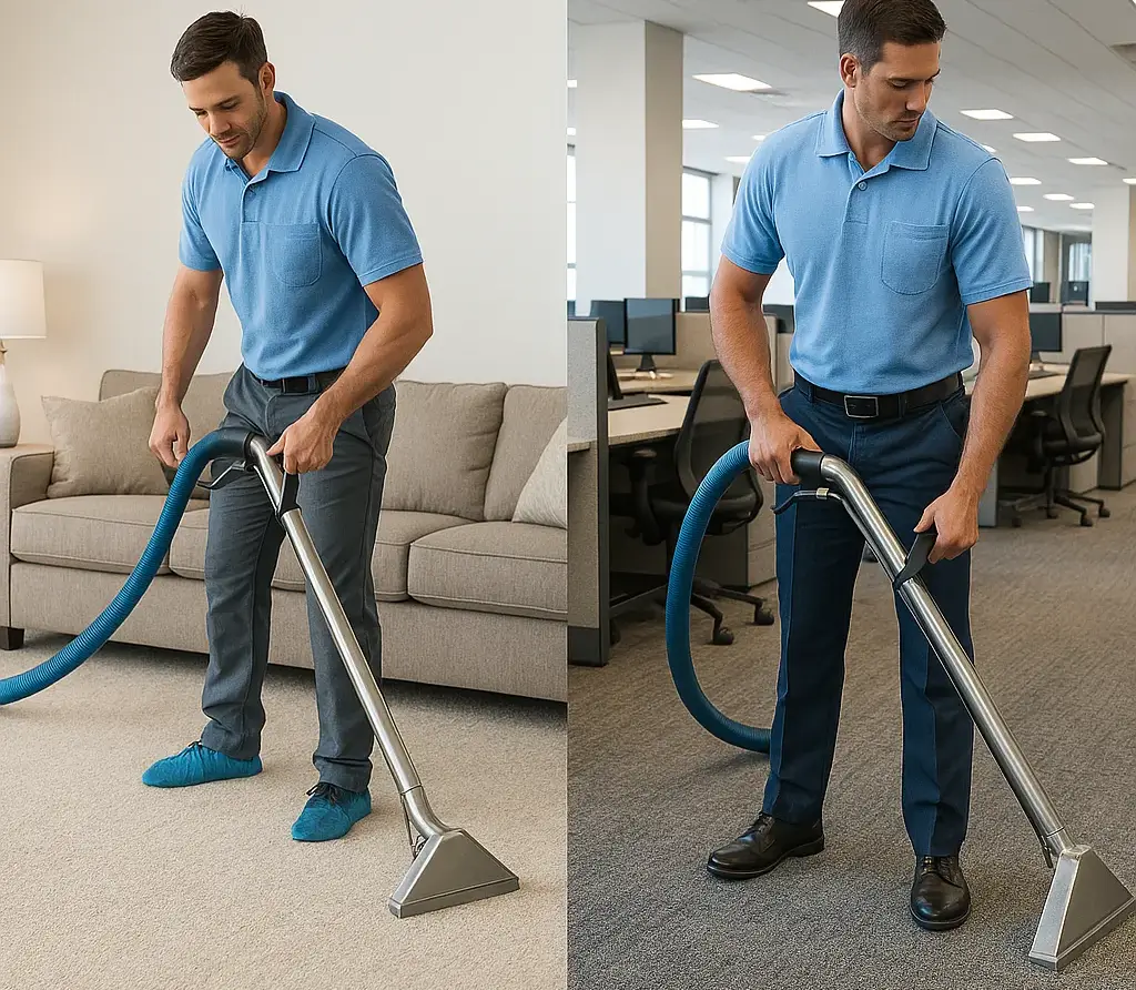 Technicians cleaning carpets in a cozy living room and a modern office side by side, showcasing residential and commercial services.
