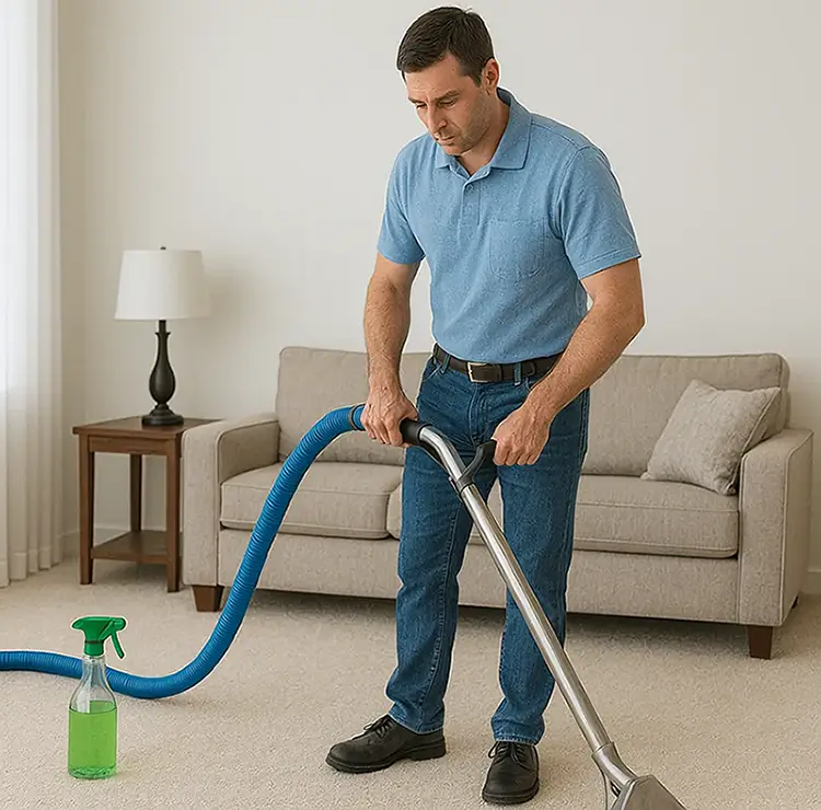 Professional carpet cleaner using a steam wand on a beige carpet in a sunlit modern living room, with eco-friendly supplies nearby. 