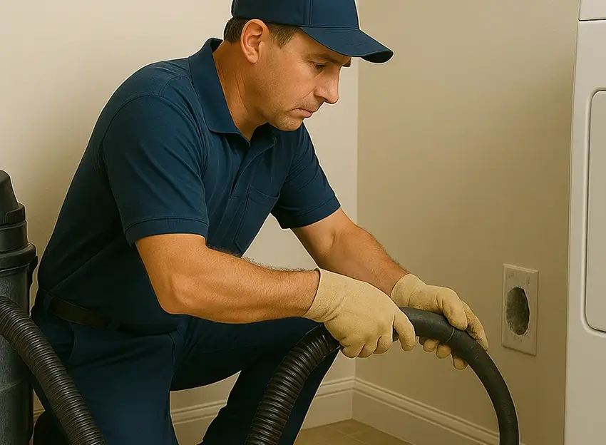 A technician in a navy uniform kneeling on tile flooring while cleaning a dryer vent with a vacuum hose in a modern laundry room.