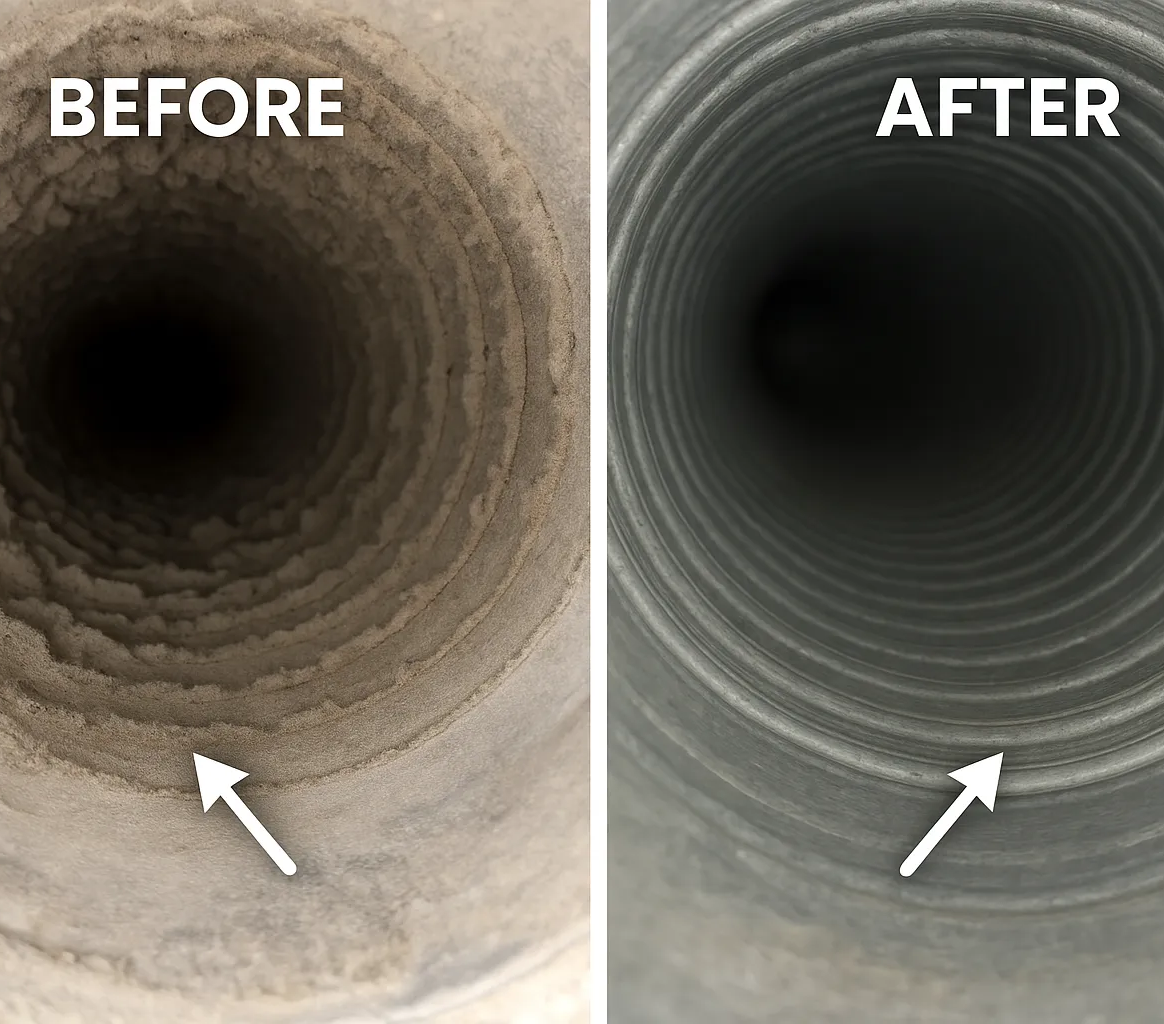 Before-and-after air duct cleaning comparison, showing a dirty duct on the left and a spotless, polished duct on the right.