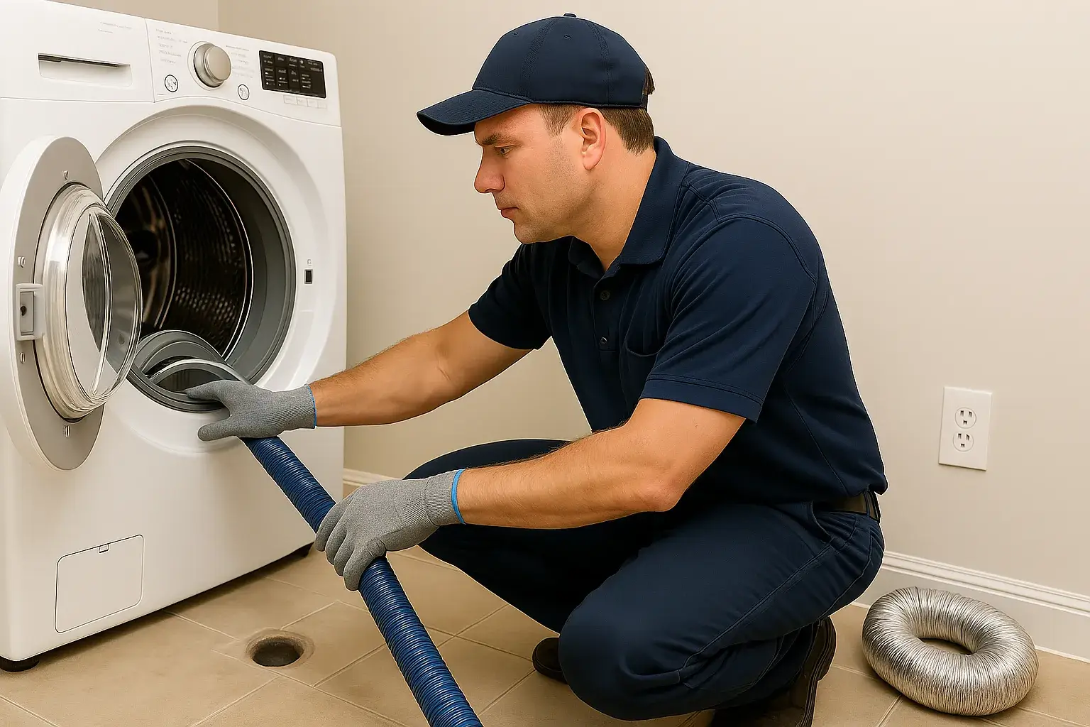 HVAC technician using a vacuum hose with brush attachment to clean a ceiling air vent in a well-lit home, improving indoor air quality