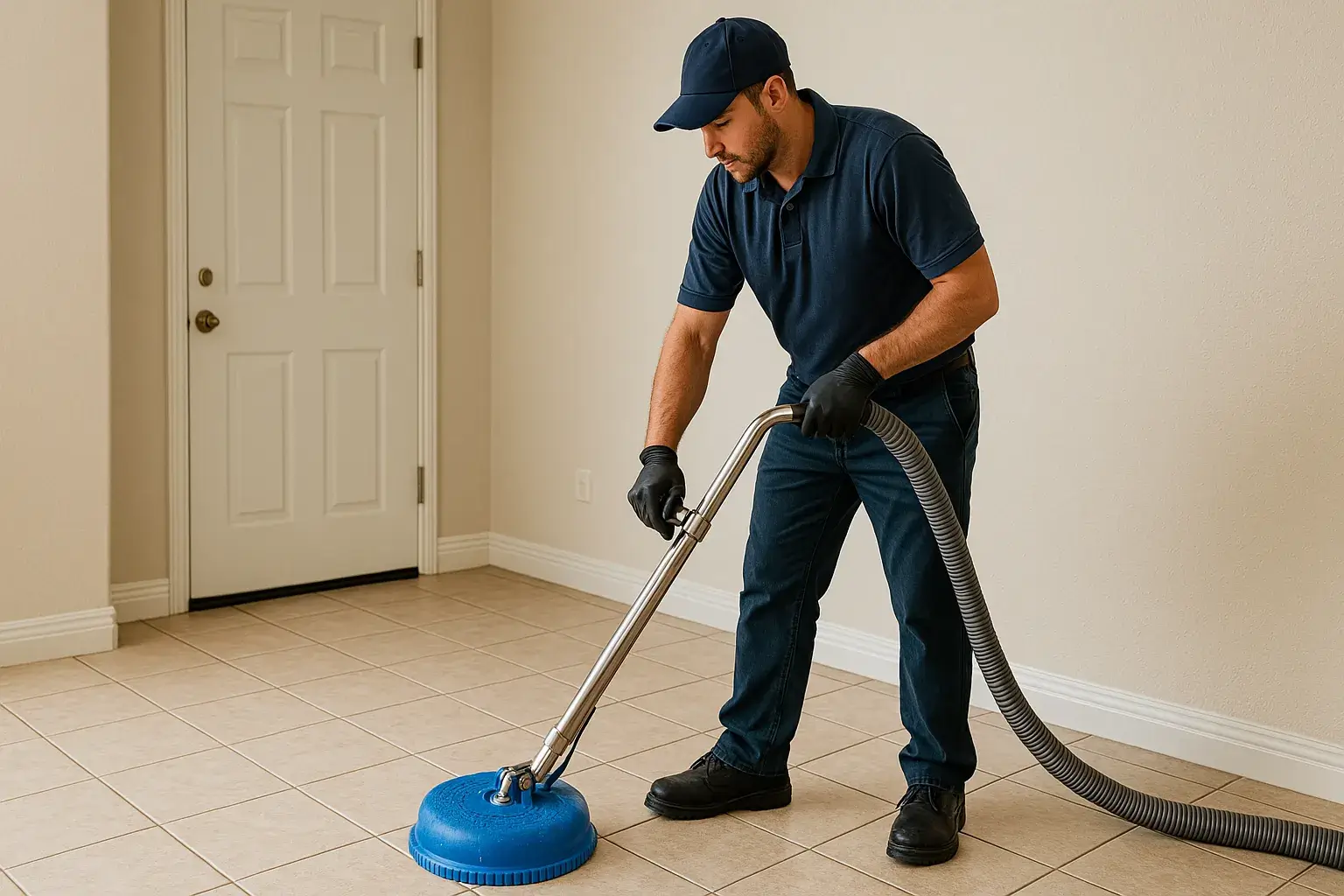  A professional tile and grout technician in navy blue gear uses a grout cleaning machine on beige tiles in a bright residential space, focusing on removing dirt and stains.