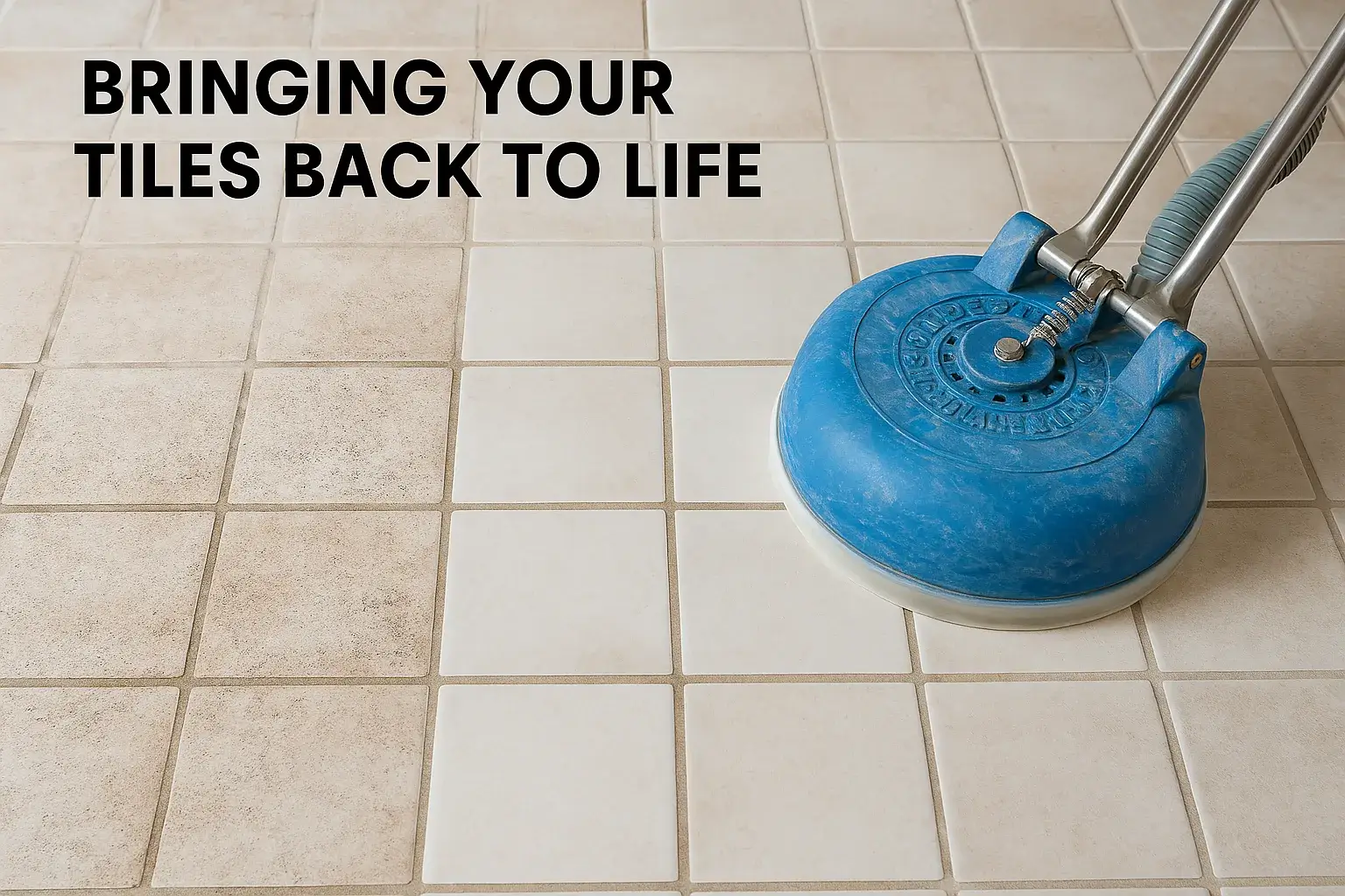A tile cleaning machine restores beige ceramic tiles and grout lines, revealing a stark contrast between freshly cleaned and untreated areas on the floor.