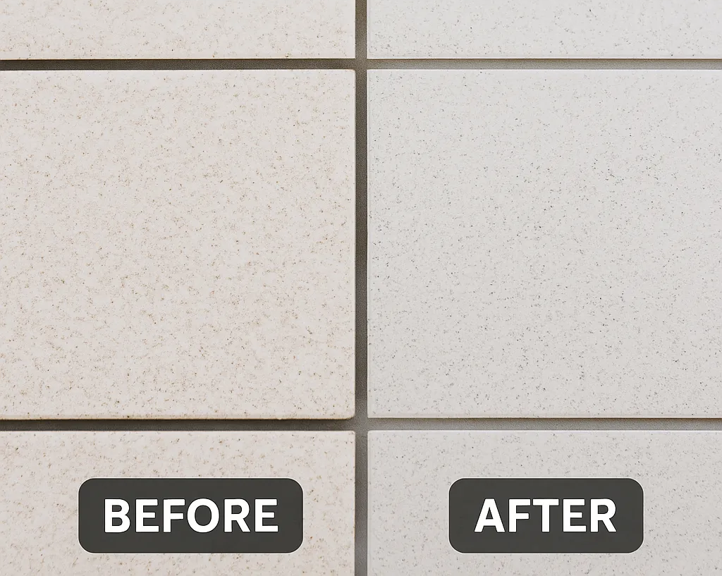 Before and after comparison of tile grout showing dirty, stained grout lines transformed into bright, clean grout after professional cleaning