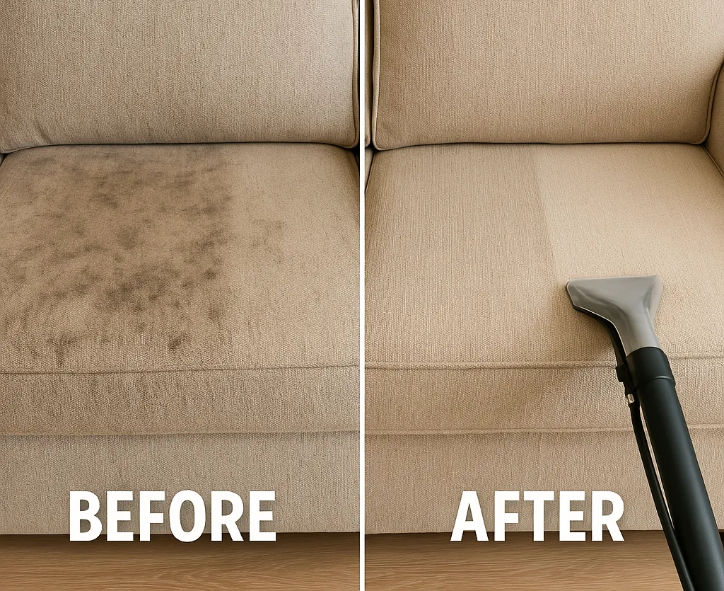 Before and after comparison of a beige fabric sofa cushion showing deep cleaning results, with visible stain removal and restored texture